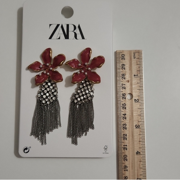 Zara Floral Earrings with Rhinestones and Metal Fringe - Picture 2 of 3